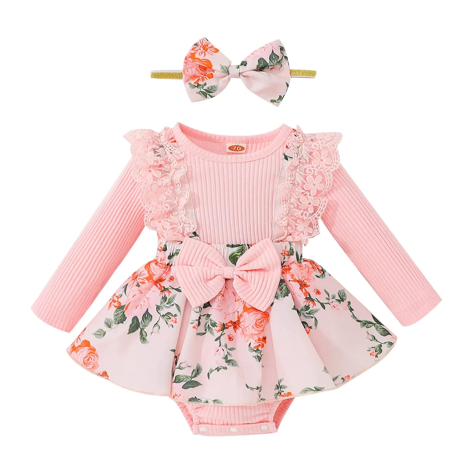 Newborn Baby Girl Romper Dress Ruffle Long Sleeve Ribbed Knit Overall Skirt Headband Infant Fall Winter Clothes (Pink 7 6-12 Months)