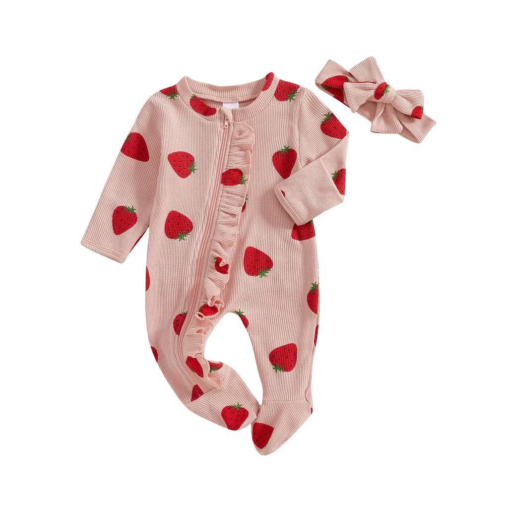 Newborn Baby Girl Fall Winter Outfits Clothes Knit Jumpsuit Ruffle Romper Newborn Coming Home Outfit for Baby Girl (0-3 MonthsStrawberry Print Pink)