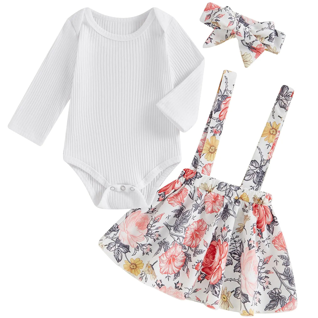 Baby Girl Clothes Cute Fall Winter Skirt Outfits Long Sleeve Romper Flower Overall Dress Infant Newborn Outfit (White Flower 0-3 Months)