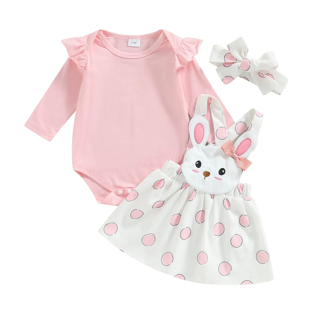 Newborn Baby Girl Pink Bunny Outfit Long Sleeve Romper Rabbit Suspender Skirt Overall Dress Headband My 1st Easter Outfit (Pink 3-6 Months)