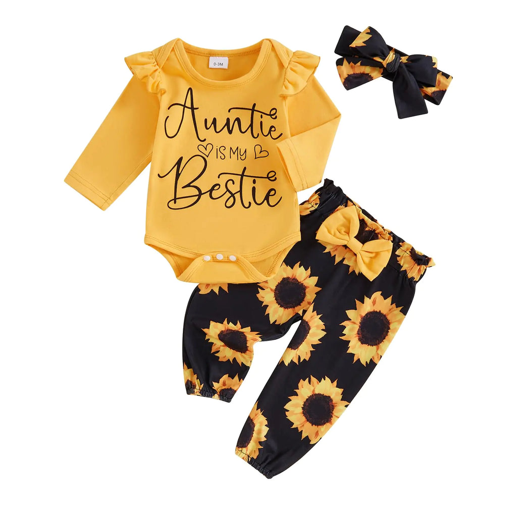 Newborn Baby Girl Clothes Aunties Bestie Infant Fall Winter Romper Floral Pants Cute Baby Girl Outfits 3PC Set (Yellow 0-3 Months)