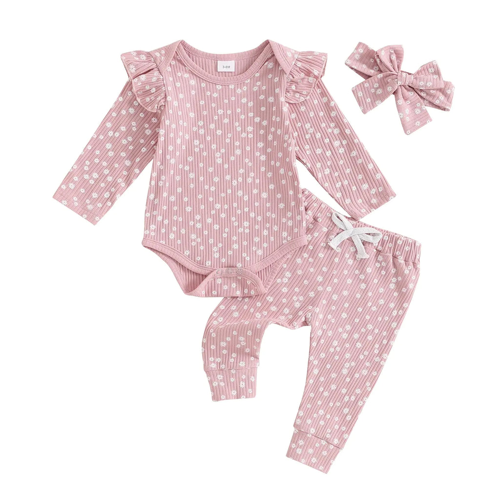 Mandizy Baby Girl Clothes Ribbed Ruffle Long Sleeve Romper Pant Set Newborn Infant Fall Winter Floral Print 3Pcs Outifts (Pink 12-18 Months)