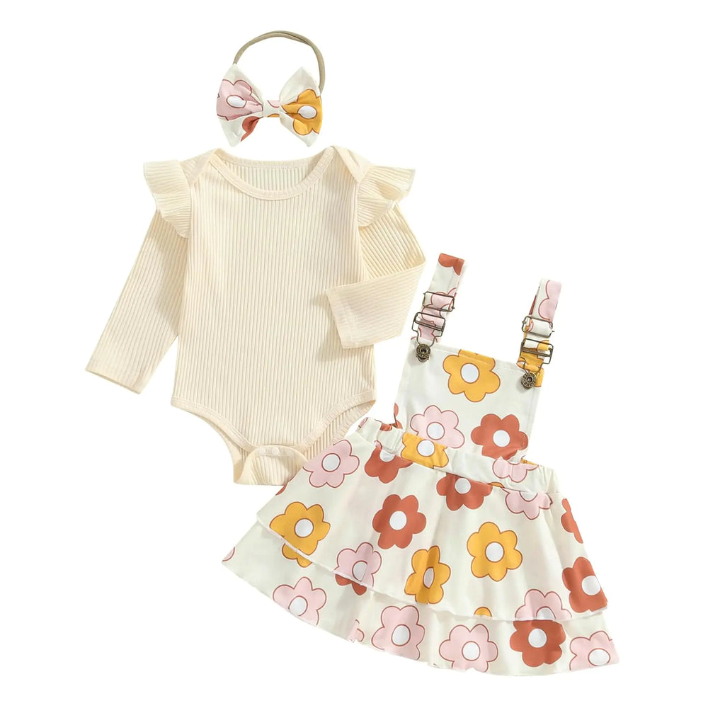 Newborn Baby Girl Outfits Long Sleeve Romper Floral Suspenders Skirt Cute Headband 3 Pcs Infant Fall Winter Clothes (Flower Yellow 12-18 Months)