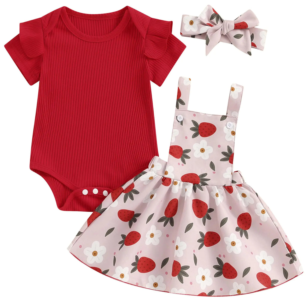Baby Girl Clothes Summer Cute Skirt Outfits Short Sleeve Romper Floral Overall Skirt Dress Infant Newborn Outfit (Red Strawberry 3-6 Months)